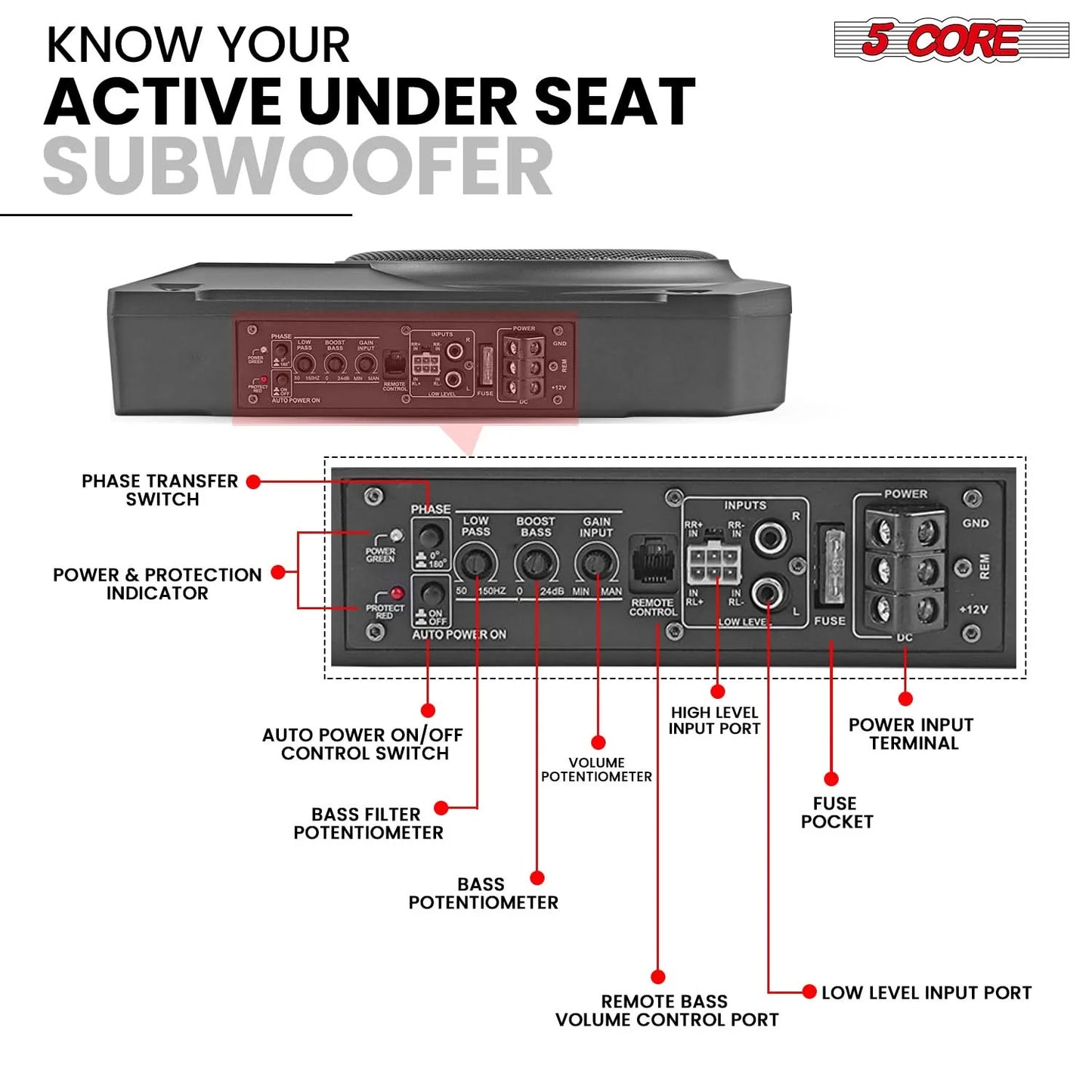 5Core 10 Inch Slim under Seat Car Audio Subwoofer 800W Built in Amplifier Sub Woofer Enclosure Box