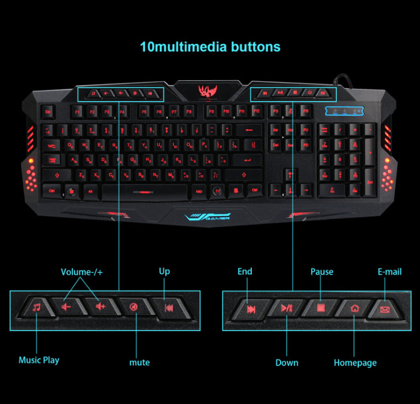 J10 Tricolor Backlight Wired Gaming Keyboard Set Colorful Luminous Gaming Mouse Keyboard Russian Keyboard