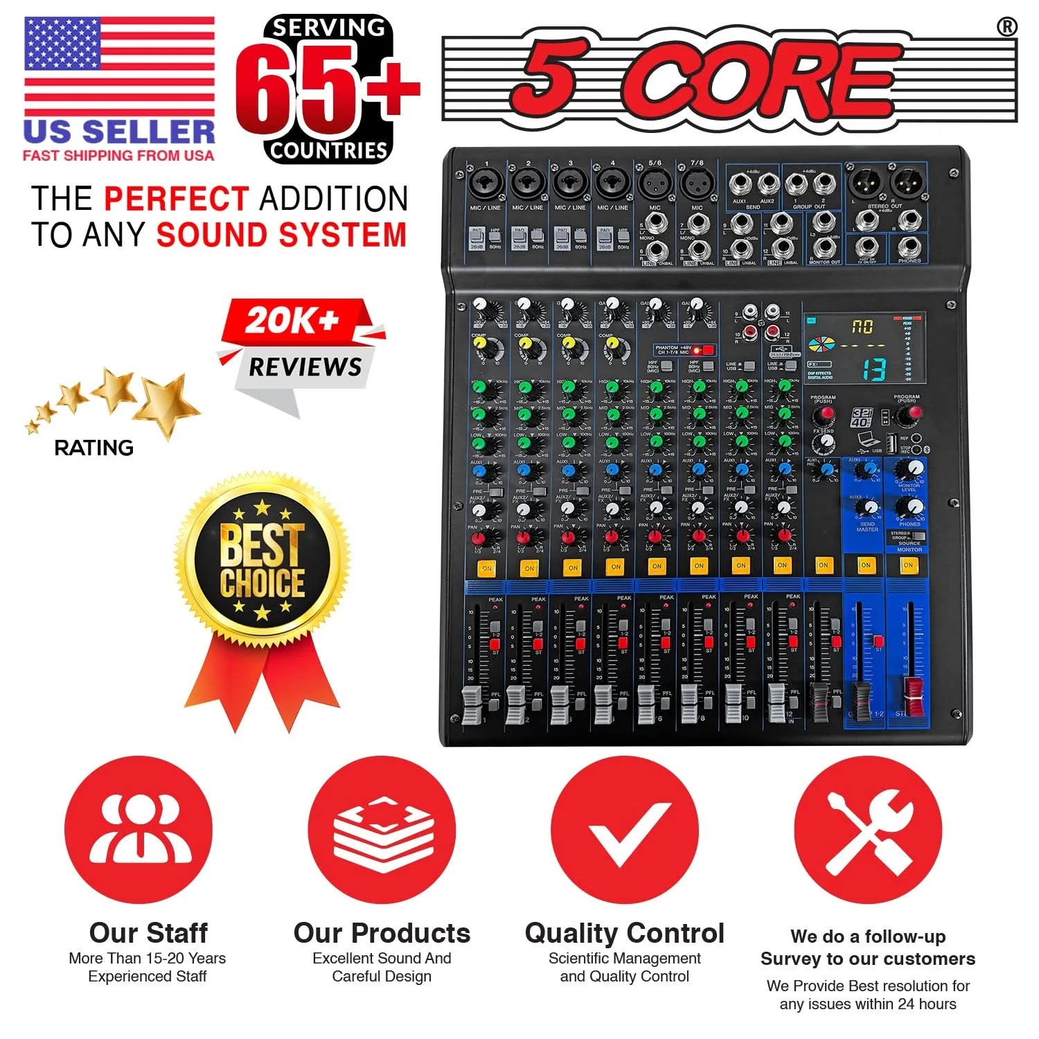 5Core Audio DJ Mixer 12 Channel Sound Board Console W 99 DSP Effect 48V Phantom Power