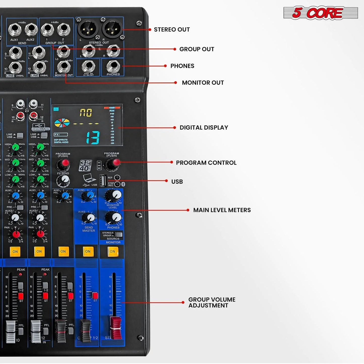 5Core Audio DJ Mixer 12 Channel Sound Board Console W 99 DSP Effect 48V Phantom Power